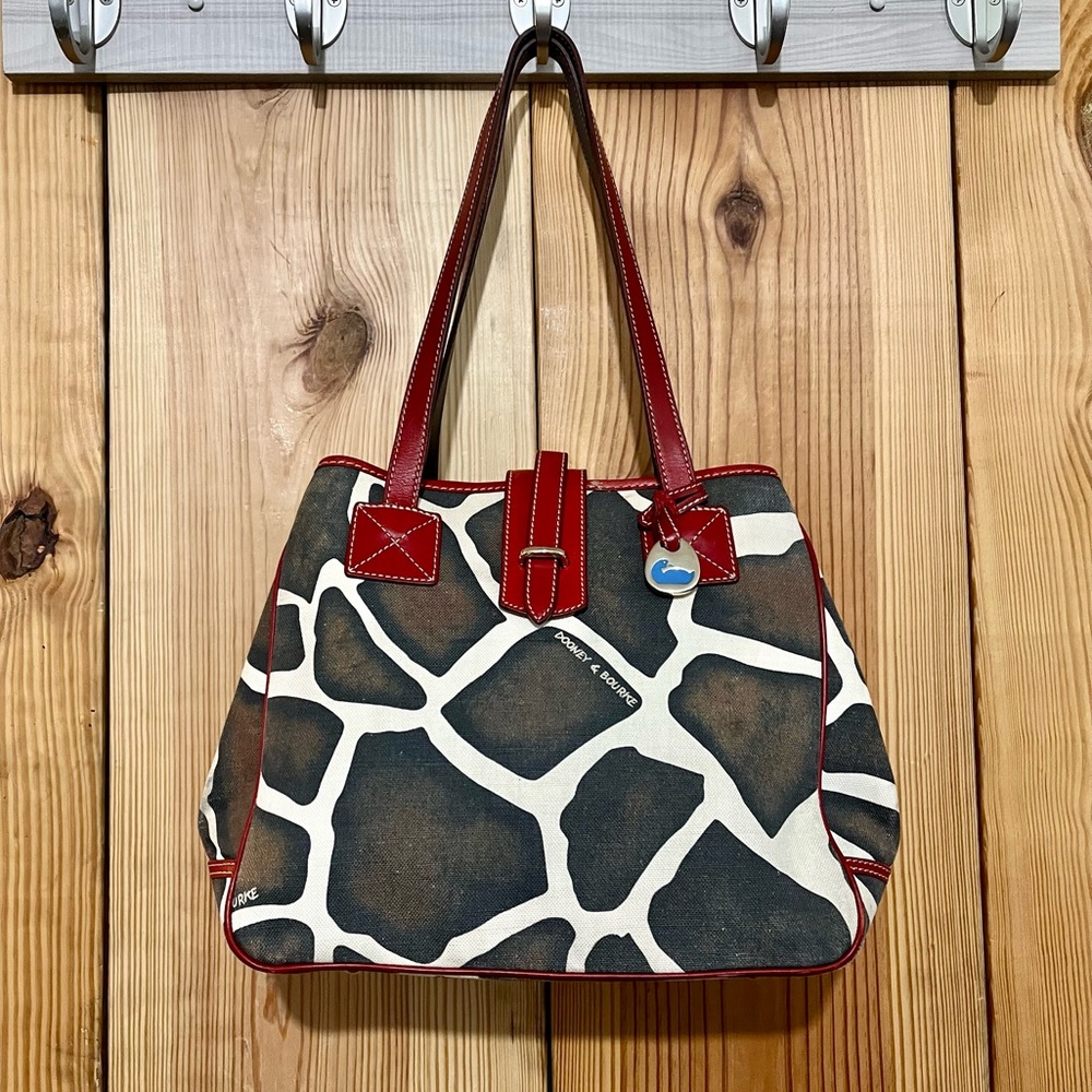 Dooney & Bourke Giraffe Print Satchel – Red Leather Trim, Vintage Style - Picture 1 of 16